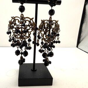 Vintage Black Beaded Chandelier Earrings Antiqued Brass Gothic Boho